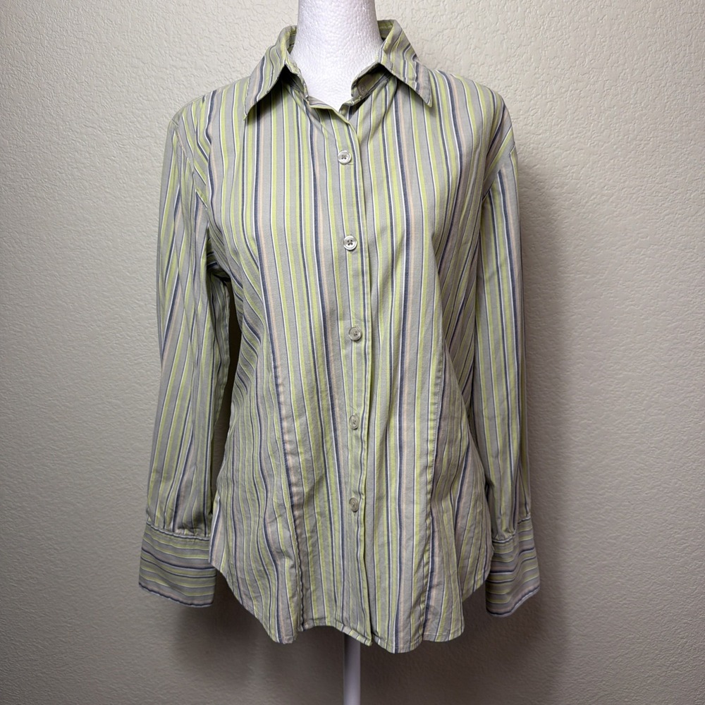 Jamaica Bay Womens S Striped Button Down Shirt Cotton Spandex Green Purple Long